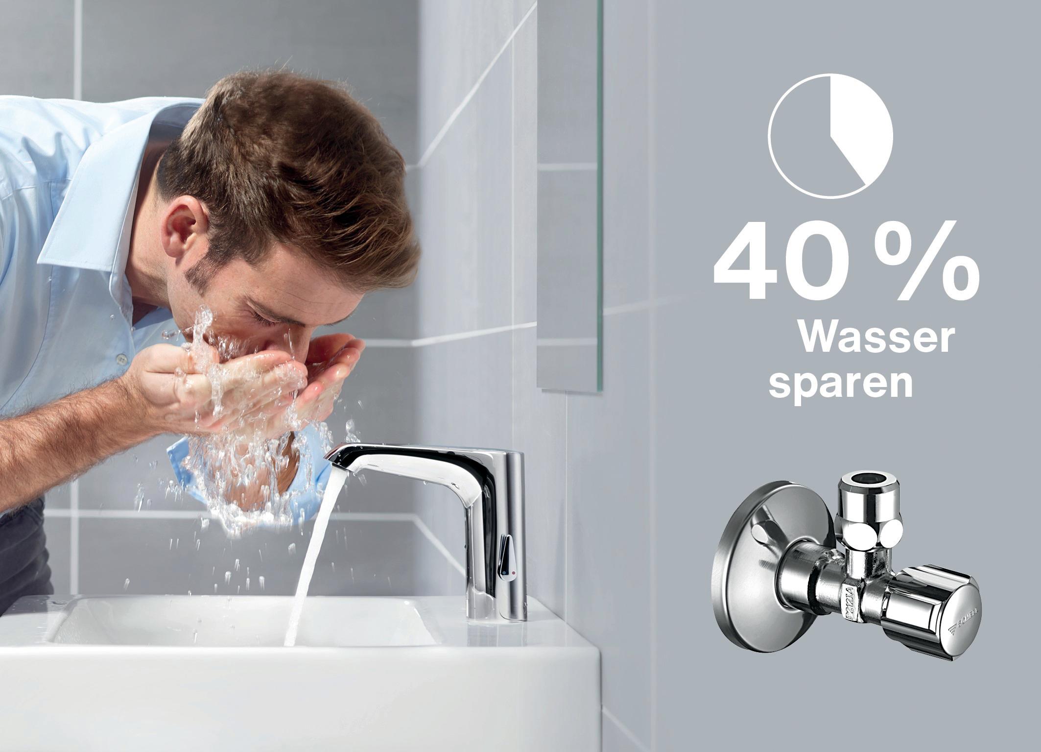 Spartipp unter dem Waschtisch: Eckventile mit Regulierfunktion lassen sich mit wenigen Handgriffen so einstellen, dass Wasser- und Energieverbrauch um bis zu 40 % reduziert werden. Foto: Schell GmbH &amp; Co. KG/akz-o